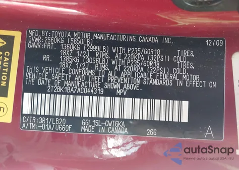 2010 Lexus Rx 350 z USA, uszkodzony, nr VIN 2T2BK1BA7AC044319